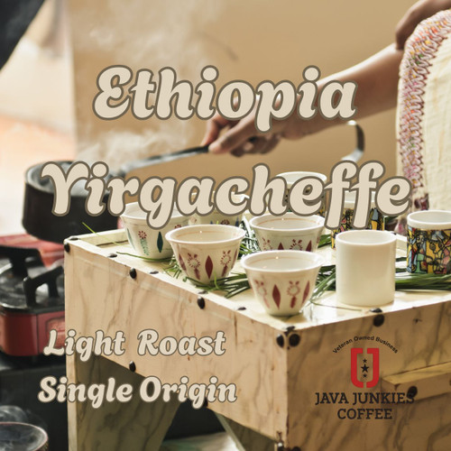 Java Junkies Ethiopia Yirgacheffe Coffee. Several Coffee cups being filled with Ethiopian coffee by a street vendor served on a tan table.
