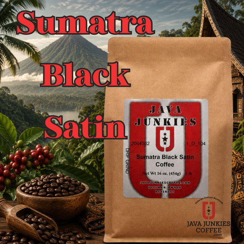Java Junkies Sumatra Black Satin Coffee. Native buildings in Sumatra with well-groomed landscape, blue skies and coffee beans.
