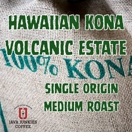 Java Junkies Hawaiian Kona 'Volcanic Estate' Coffee. Beige Burlap Coffee bag that says 100% Kona.