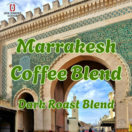 Java Junkies Marrakesh Coffee Blend. A green and beige palace in Marrakesh with arches and walkways.  