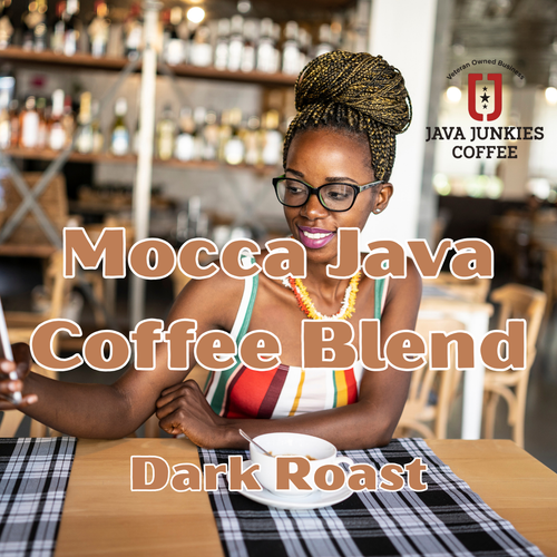 Mocca Java Coffee Blend. Coffee shop with a barista leaning over a cup of coffee sitting on the counter on blue plaid place mat.