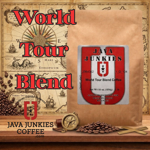 Java Junkies World Tour Coffee Blend bag. Sitting on a shelf with an antique map behind it and coffee beans scattered on the shelf.