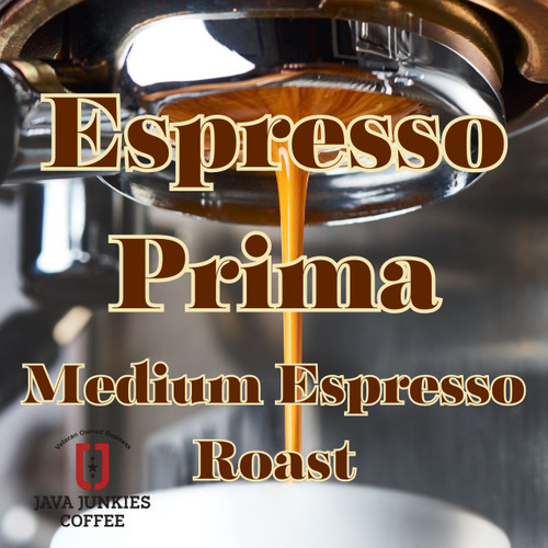 Java Junkies Espresso Prima Coffee. Espresso machine dispensing a shot of espresso into a white coffee cup.