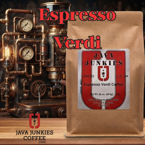 Java Junkies Espresso Verdi Coffee. Bag of coffee sitting on a shelf with a steam punk espresso machine in the background.