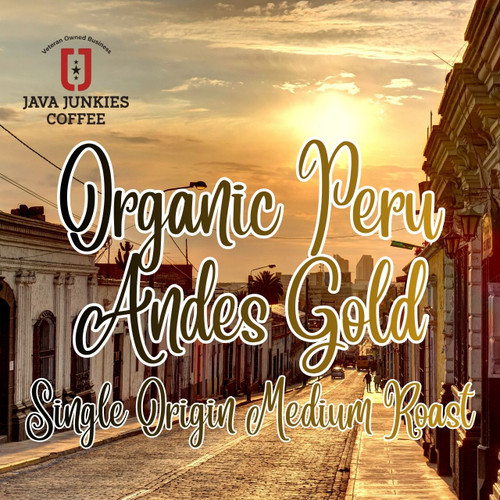 Java Junkies Organic Peru 'Andes Gold' Fair Trade Coffee. A street scene in Peru at sunset and beautiful clouds.