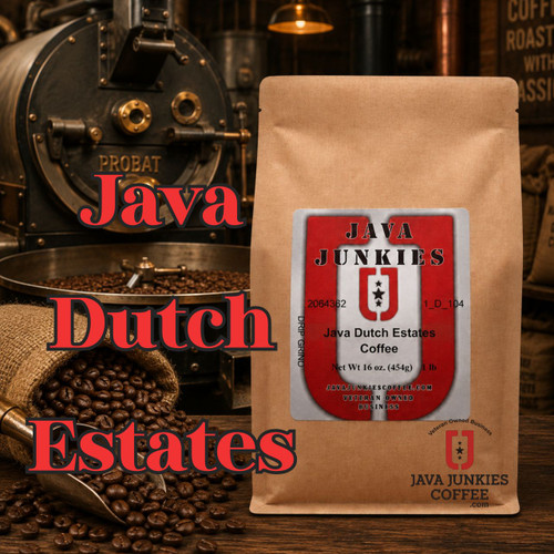 Java Junkies Java Dutch Estates Coffee. Large steam pink style coffee roaster in the background and a burlap bag spilling over with coffee beans.