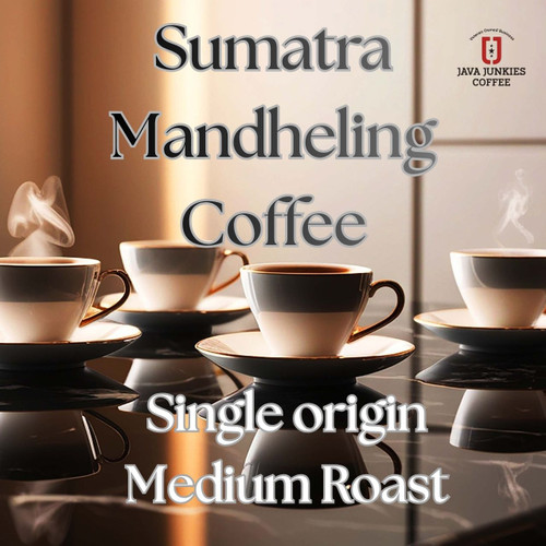Java Junkies Sumatra Mandheling Coffee. Elegant coffee setting with four coffee cups sitting on a black marble table with a tan background.