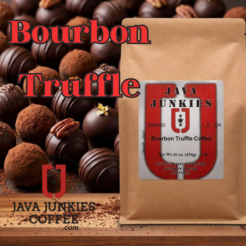 Java Junkies Bourbon Truffle Coffee. Chocolate Truffles sitting on a dark plate on a table with chocolate sprinkles.