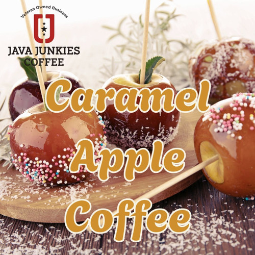 Java Junkies Caramel Cream Coffee. Caramel Apples scattered on a cutting board dusted in powdered sugar with a white background.