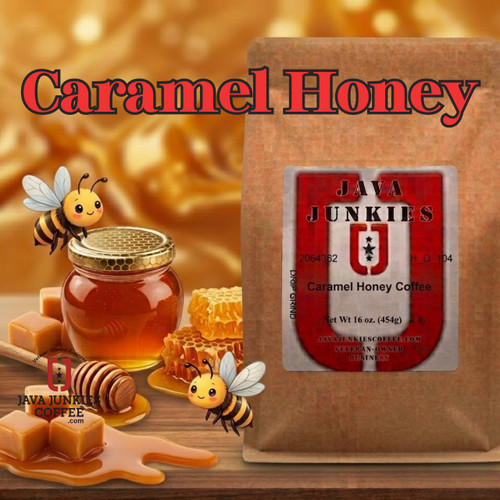 Java Junkies Caramel Honey Coffee. A jar of locally sourced honey with a honey dipper dripping honey with a brownish orange background and a couple cute bees.