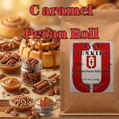 Java Junkies Caramel Pecan Roll Coffee. Large cinnamon roll with gooey icing dripping down in front of a brownish tan background next to a bag of coffee.