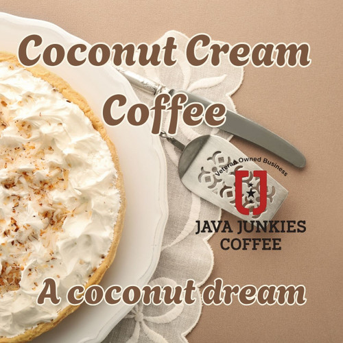 Coconut Cream Coffee. Coconut Cream Pie next to a pie slicer and smooth rich coffee.