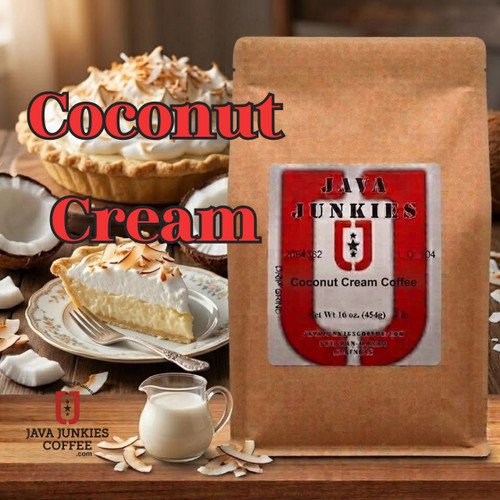 Java Junkies Coconut Cream Coffee. Coconut Cream Pie next to a pie slicer and smooth rich coffee.