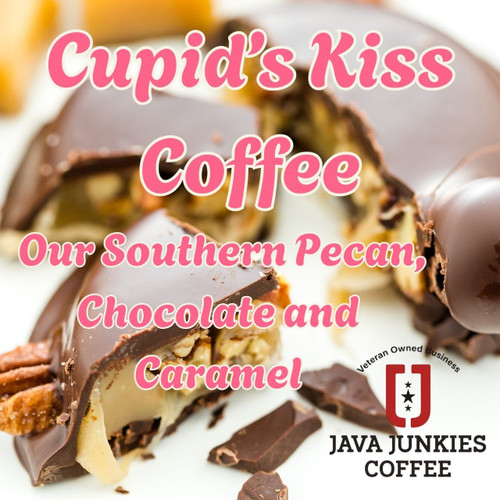 Java Junkies Cupid's Kiss Coffee. Chocolate covered  caramel pecan clusters on a white table.