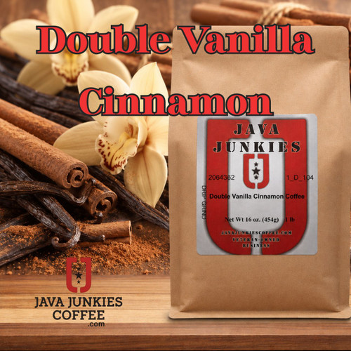 Java Junkies Coffee Double Vanilla Cinnamon Coffee sitting on a ledge with Vanilla flowers and cinnamon in the background.