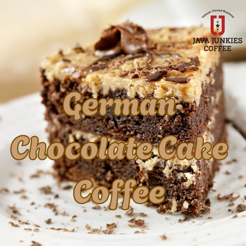 Java Junkies German Chocolate Cake Coffee. Large slice of 2 layer German Chocolate Cake with traditional icing sprinkled with toasted coconut.