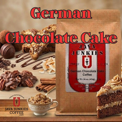 Java Junkies German Chocolate Cake Coffee. Large slice of 2 layer German Chocolate Cake with traditional icing sprinkled with toasted coconut.