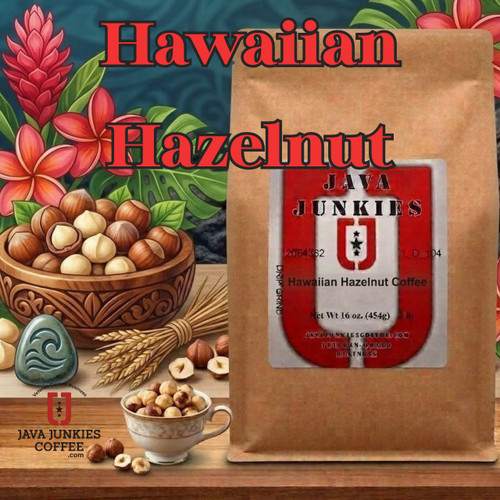 Java Junkies Hawaiian Hazelnut Coffee. A Tropical Paradise of the skies and art of Hawaii next to a bag of coffee.