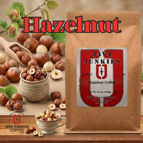 Java Junkies Hazelnut Coffee. Hazelnuts in a little weave basket with hazelnut cookies on a wood table.