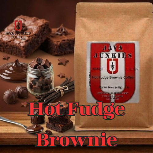 Java Junkies Hot Fudge Brownie Coffee. Chocolaty brownies sitting on a cutting board next to a white cup of coffee.