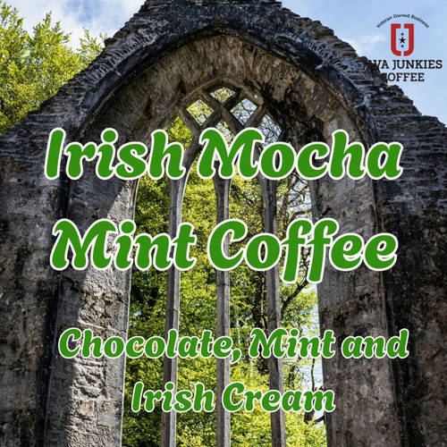 Java Junkies Mocha Mint Coffee. Arches in Ireland in front of a plush green backdrop of foliage representing the Irish heritage.