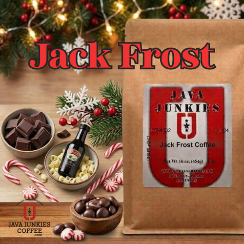 Java Junkies Jack Frost Coffee. Bag of coffee nest to a couple bowls of chocolate, peppermint and irish cream next to Christmas lights.