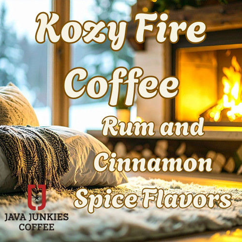 Java Junkies Kozy Fire Coffee. Romantic environment of a roaring fireplace and cozy blankets and pillows on the floor sipping coffee.