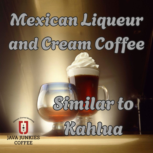 Java Junkies Mexican Liqueur and Cream Coffee. Mexican Liqueur in a glass next to a mug of artisan coffee with whipped cream with a shaded background.