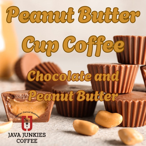 Java Junkies Peanut Butter Cup Coffee. Stacks of peanut butter cups surrounded by peanut butter cups that have tumbled with peanuts scattered.