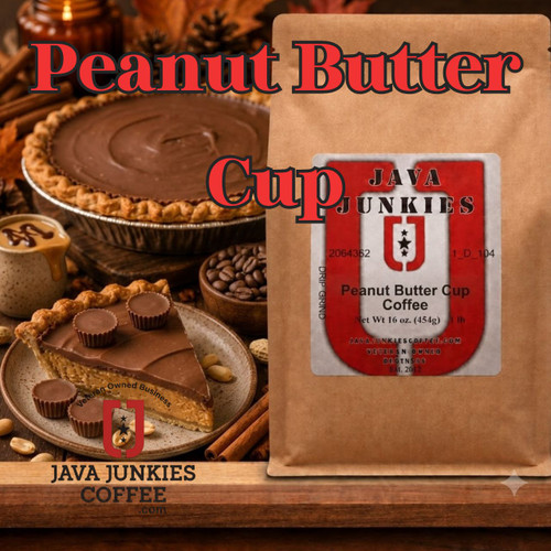 Java Junkies Peanut Butter Cup Coffee. Stacks of peanut butter cups surrounded by peanut butter cup pies that have been stacked with peanut butter cups.