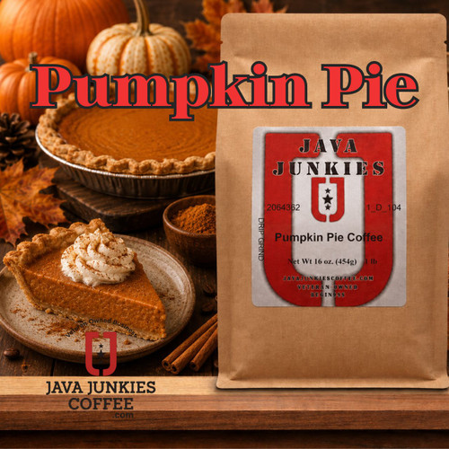 Java Junkies Pumpkin Spice Coffee.  Artisan Pumpkin Pie with cut out crust leaves on a white plate next to a bag of coffee.