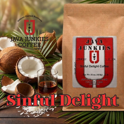 Java Junkies Sinful Delight Coffee. On white beaches of Jamaica sipping coffee that's Jamaican Rum and Coconut flavors.