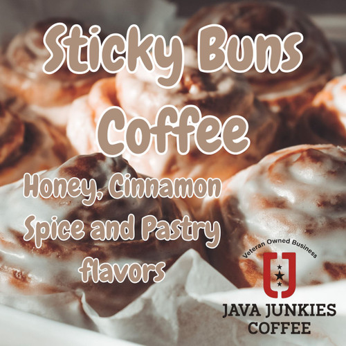 Java Junkies Sticky Buns Coffee. A big pan of ooey gooey cinnamon rolls topped with icing in a hometown bakery.