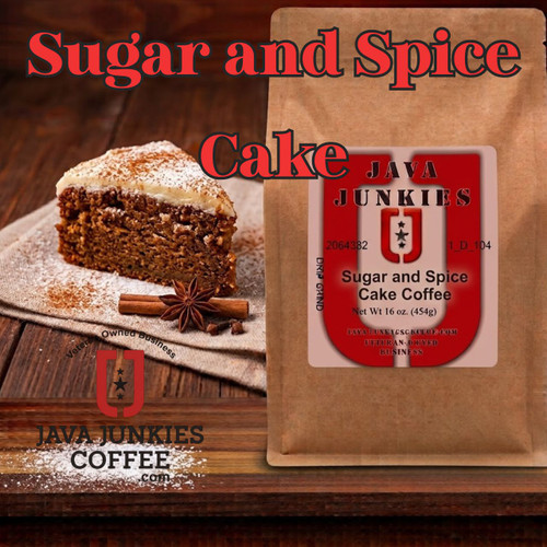 Java Junkies Sugar and Spice Cake Cupcakes. A large slice of spice cake in the background of a bag of coffee..