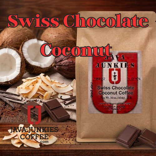 Java Junkies Swiss Chocolate Coffee. Coconuts and Chocolate sitting behind a bag of coffee on a shelf.