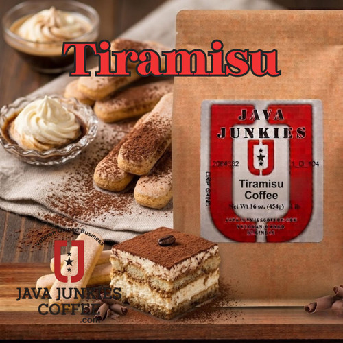 Java Junkies Tiramisu Coffee. Petite Tiramisu dessert on a shelf next to a bag of coffee and more desserts in the background.