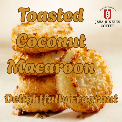Java Junkies Toasted Coconut Macaroon Coffee. Tall stack of golden toasted coconut macaroons on a beige table.
