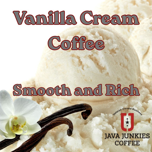 Vanilla Cream Coffee. Delicious Vanilla Ice Cream sitting next to vanilla beans with a vanilla flower.