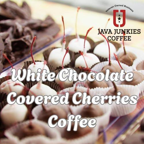Java Junkies White Chocolate Covered Cherries arranged neatly for a White House event next to cup of coffee.