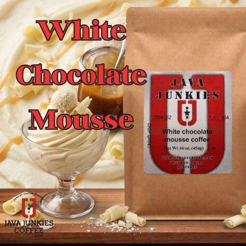Java Junkies White Chocolate Mousse Coffee. A small ramekin with and white chocolate mousse and a white chocolate mousse background.