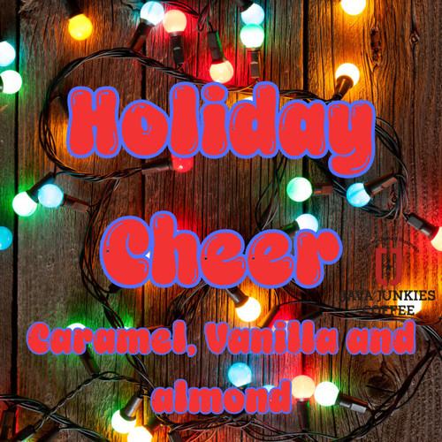 Java Junkies Holiday Cheer Coffee. A dark wooden wall of beautiful Christmas lights.
