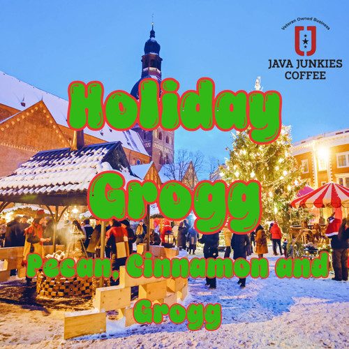 Java Junkies Holiday Grogg Coffee.  Small town Christmas scene with Christmas lights and people walking around.