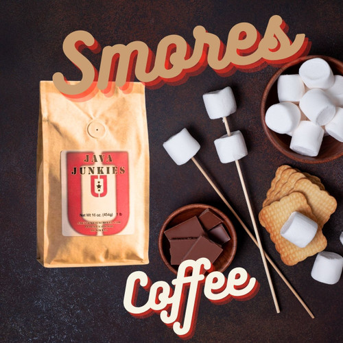 Java Junkies S'mores Coffee. Chocolate, Marshmallows and Graham Crackers next to a bag of S'mores coffee.
