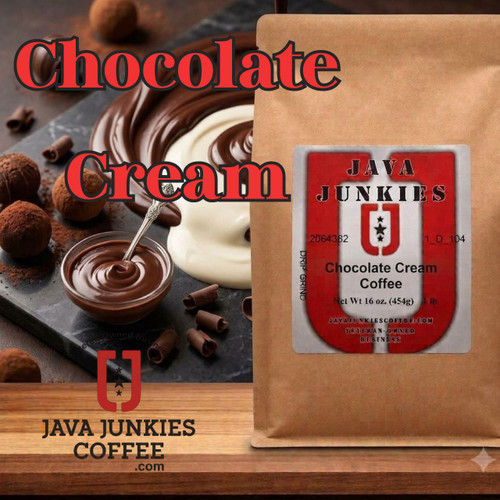 Java Junkies Chocolate Cream Coffee. Creamy chocolate coffee with milk chocolate.