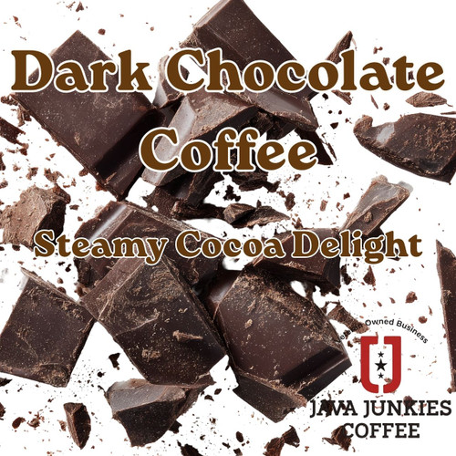 Java Junkies Dark Chocolate Coffee. Chunks of delicious premium dark chocolate floating in space.