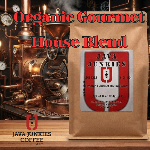 Java Junkies Organic Gourmet House Blend Coffee. A bag of coffee sitting on a shelf in front of an old steam punk coffee roaster.