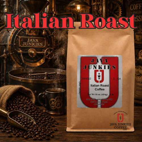 Java Junkies Italian Roast Coffee. Coffee beans falling from a burlap bag on to a dark-colored wooden table with a pile of coffee beans and an old-style coffee roasted in the background.