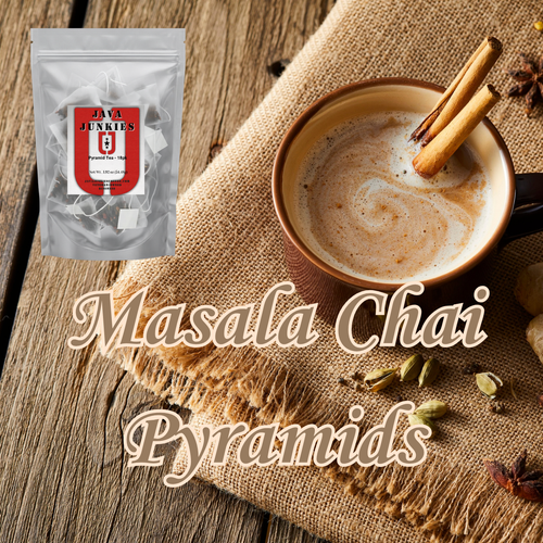 Steaming mug of Masala Chai with cinnamon sticks beside a package of Java Junkies pyramid infusers on a burlap background