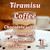 Java Junkies Tiramisu Coffee. Petite Tiramisu dessert on a white plate in a clear serving glass next to a cup of coffee in the background.