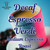 Java Junkies Decaf Espresso Verdi Coffee. White espresso coffee cup full of espresso with some scattered coffee beans and blue background.